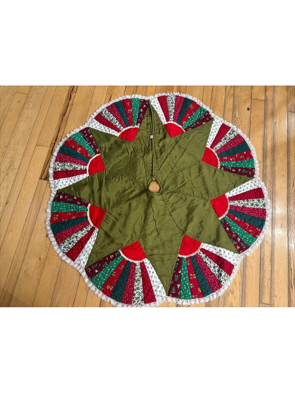 Vintage Christmas Quilt Tree Skirt Handmade And Sewn Patchwork Reversible 46”
